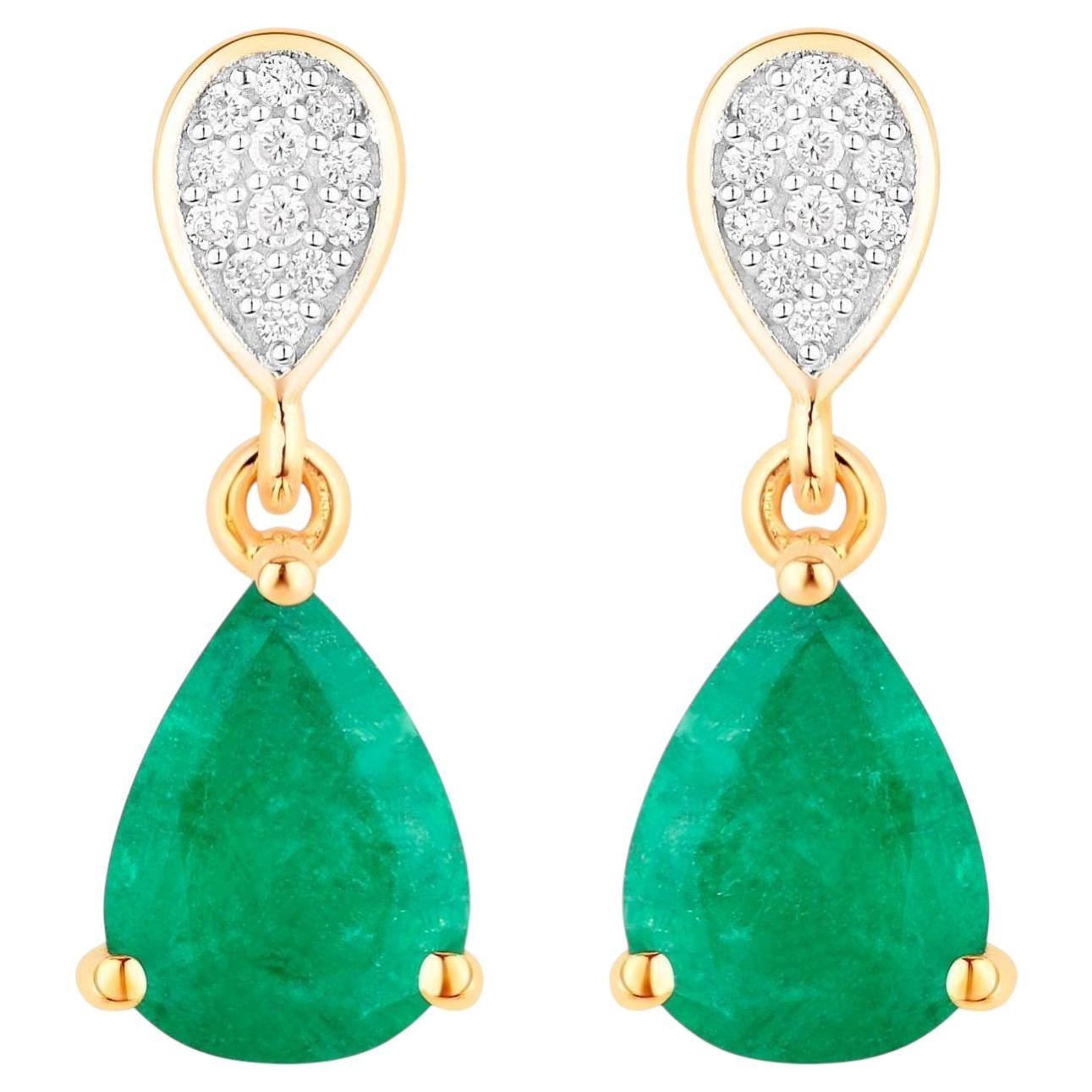 Zambian Emerald Dangle Earrings Diamonds 2.3 Carats 10K Yellow Gold For Sale