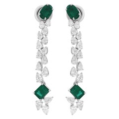 Pendientes Colgantes Esmeralda de Zambia SI/H Diamante talla pera brillante Oro Blanco 14k