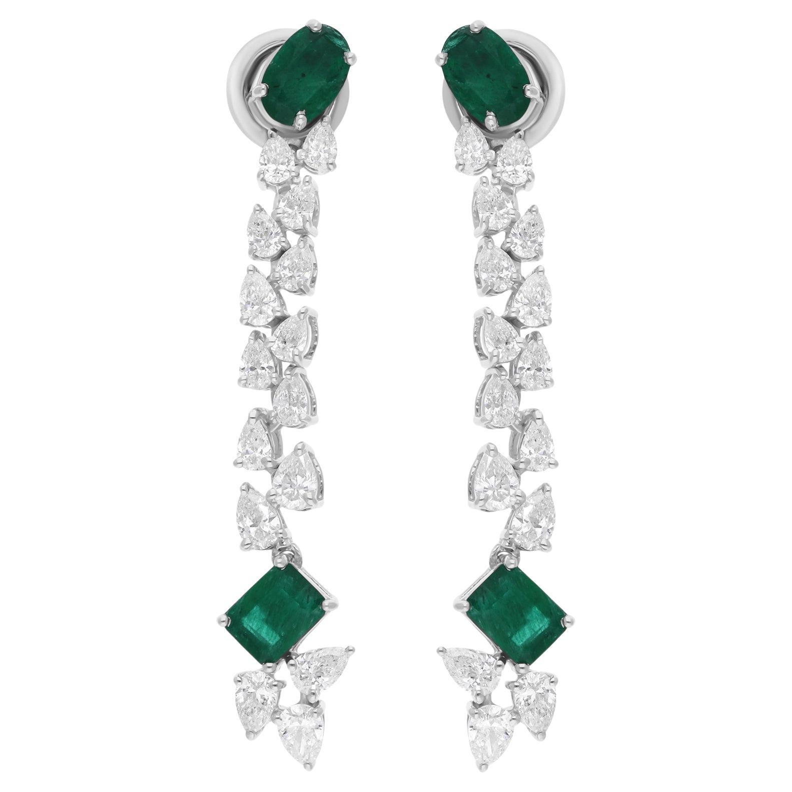 Zambian Emerald Dangle Earrings SI/H Pear Brilliant Cut Diamond 14k White Gold