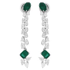 Zambian Emerald Dangle Earrings SI/H Pear Brilliant Cut Diamond 14k White Gold