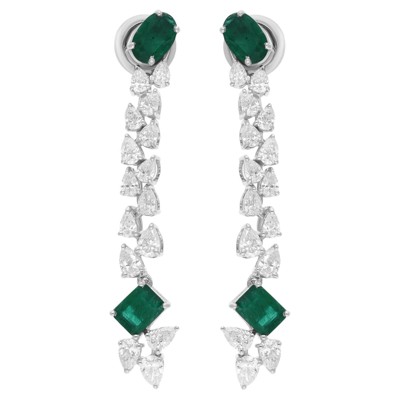 Zambian Emerald Dangle Earrings SI/H Pear Brilliant Cut Diamond 18k White Gold