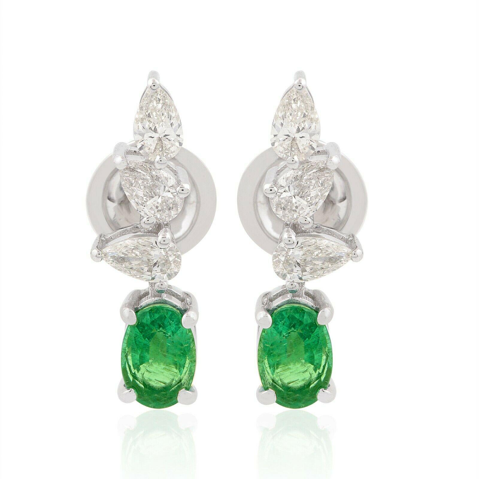 Contemporary Zambian Emerald Diamond 14 Karat Gold Stud Earrings For Sale