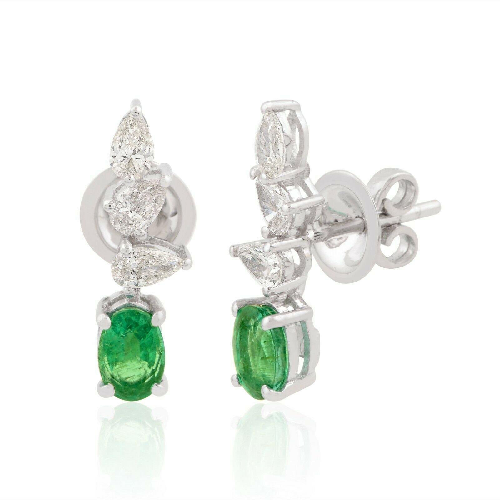 Mixed Cut Zambian Emerald Diamond 14 Karat Gold Stud Earrings For Sale