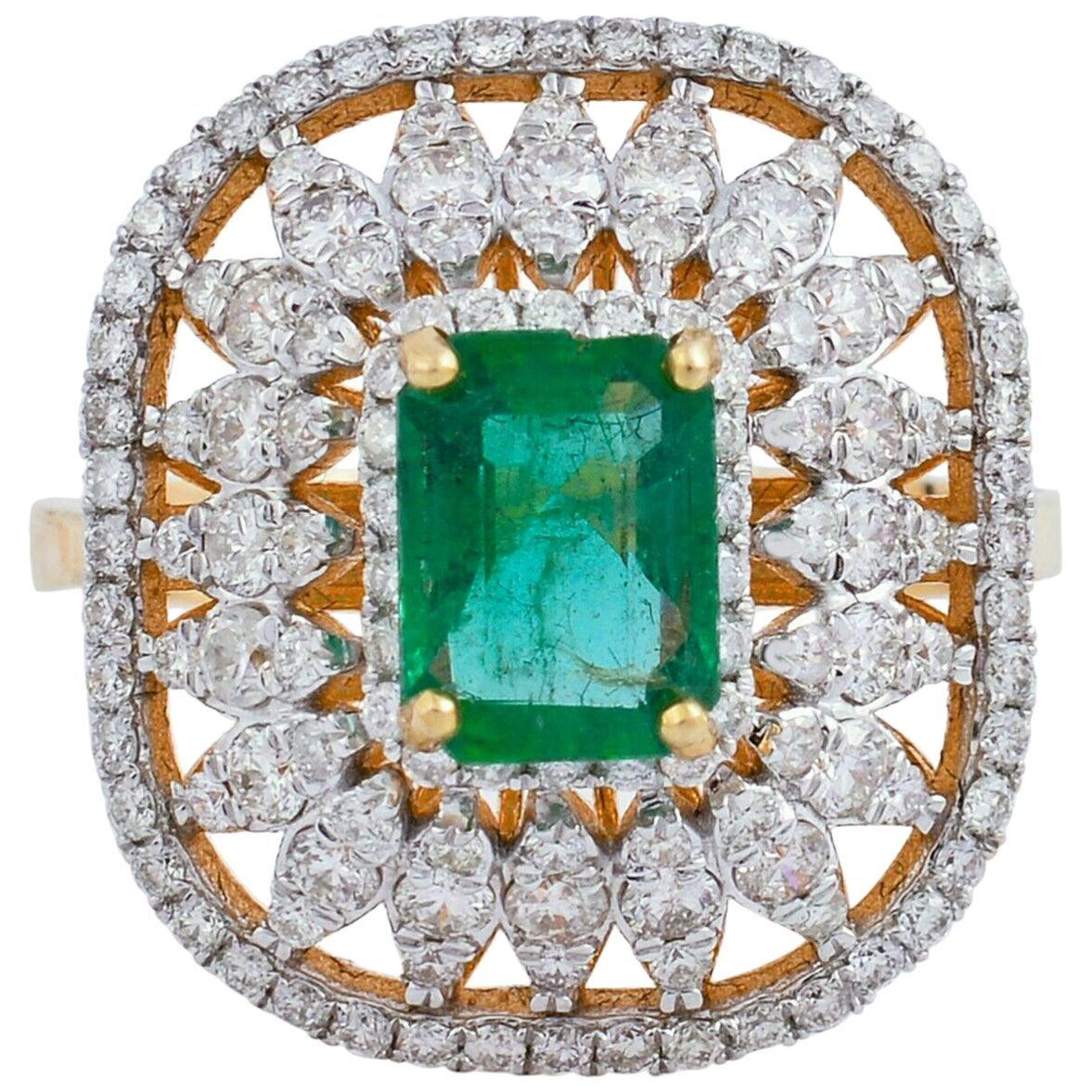 For Sale:  Zambian Emerald Diamond 18 Karat Gold Cocktail Ring