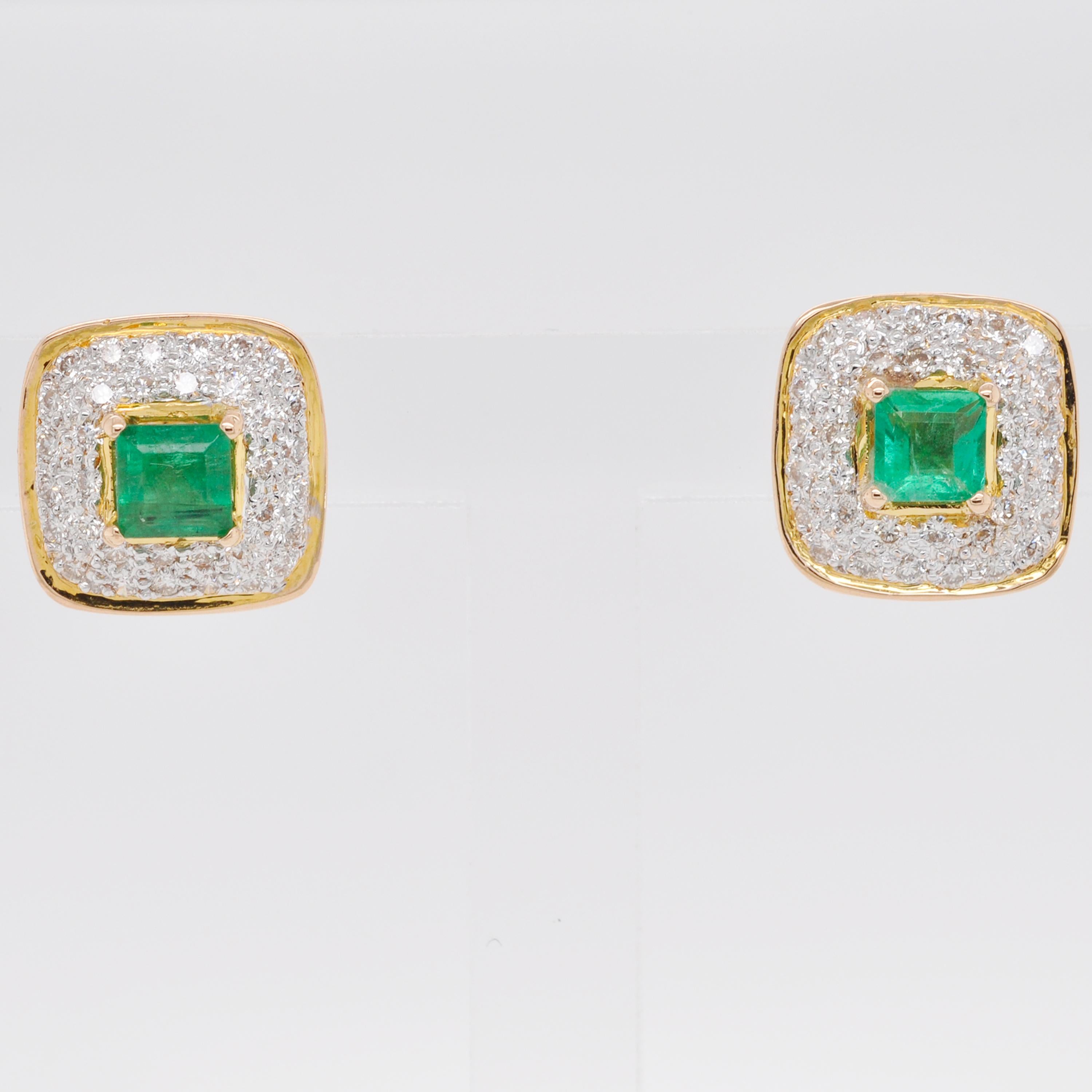 Zambian Emerald Diamond 18 Karat Gold Stud Earrings For Sale 2
