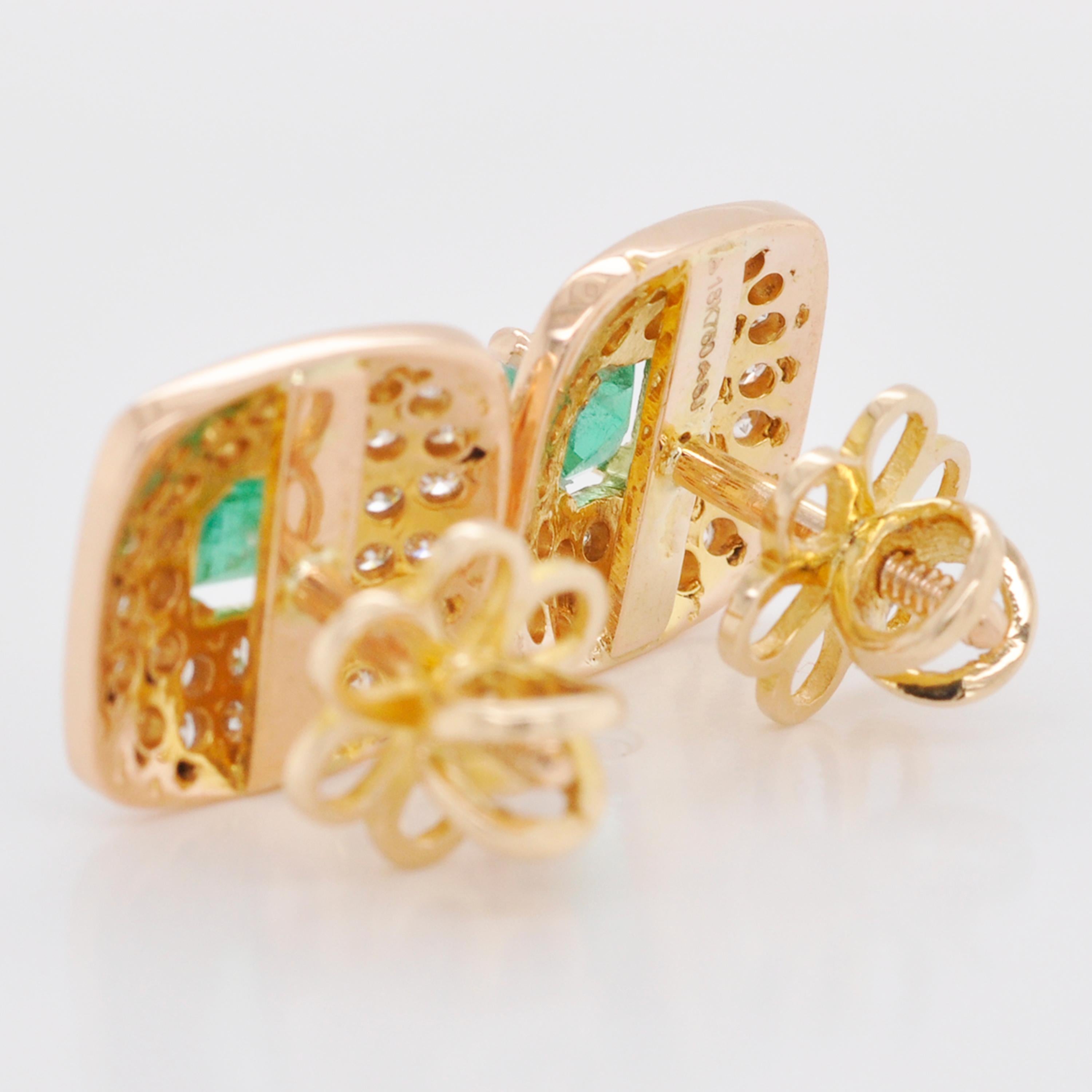 Zambian Emerald Diamond 18 Karat Gold Stud Earrings For Sale 3