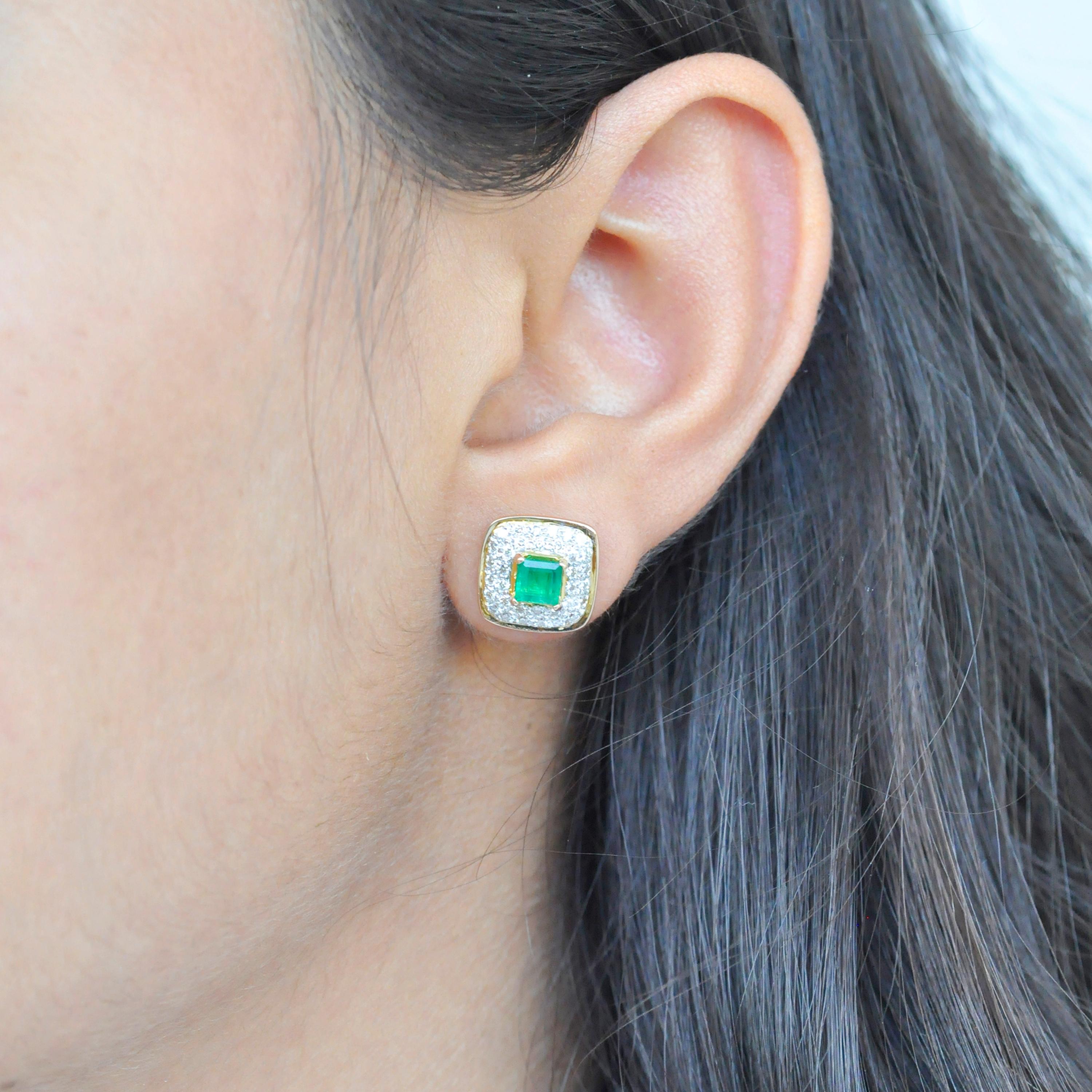 This exclusive diamond emerald studs are exemplary. The lustrous square zambian emeralds, 5mm in size, are encased within a layer of pave set diamonds on all sides, making it distinctive in its very form. This stud design is delicate yet chic that