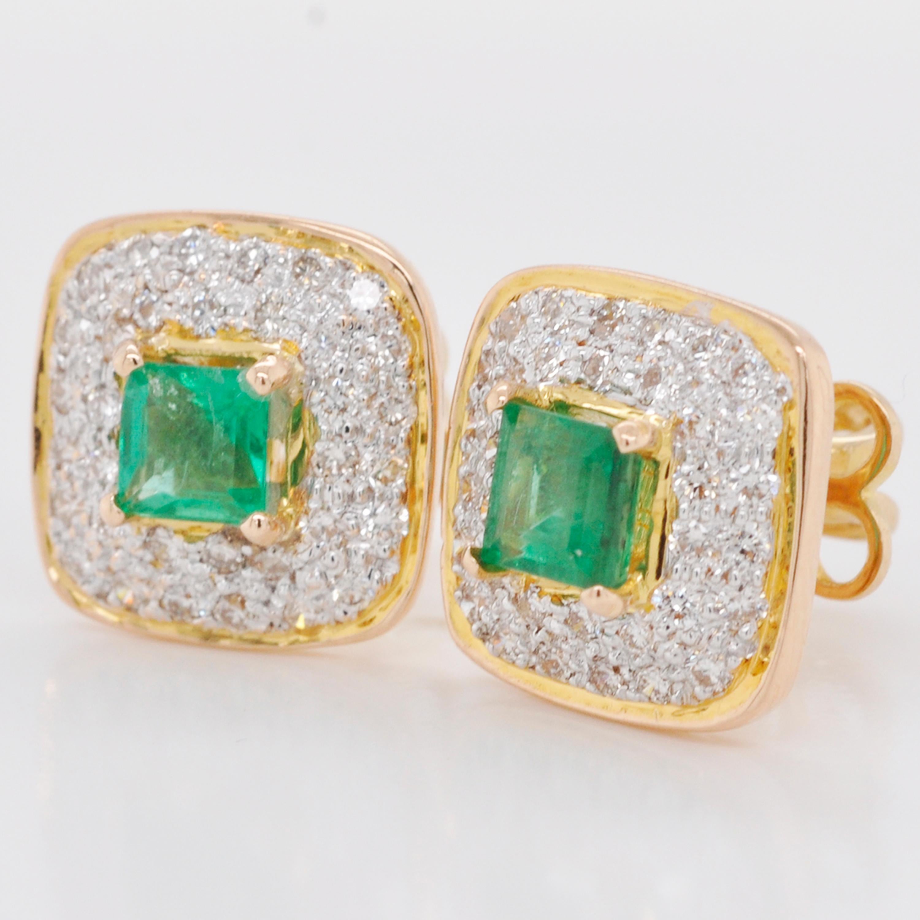 Contemporary Zambian Emerald Diamond 18 Karat Gold Stud Earrings For Sale