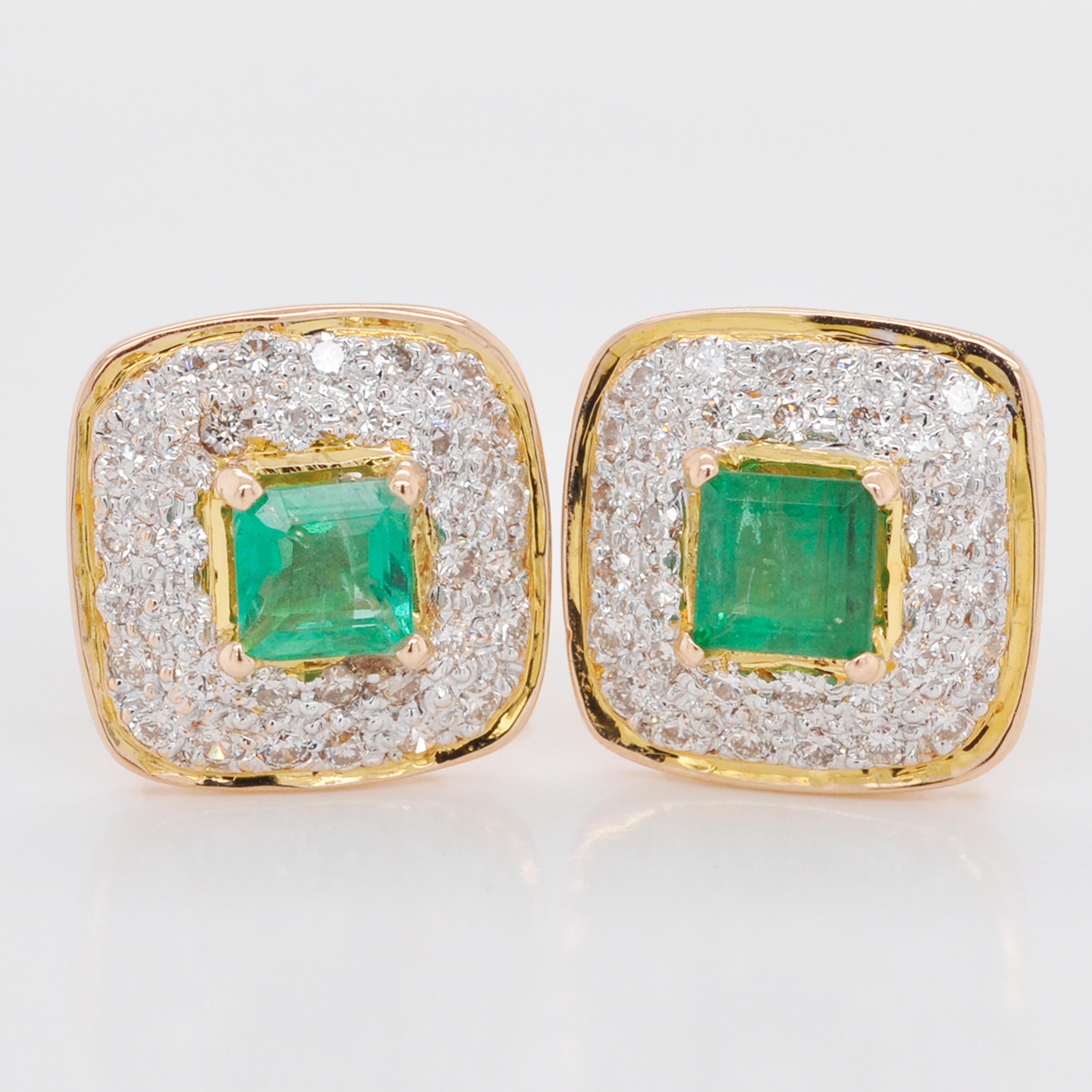 Octagon Cut Zambian Emerald Diamond 18 Karat Gold Stud Earrings For Sale