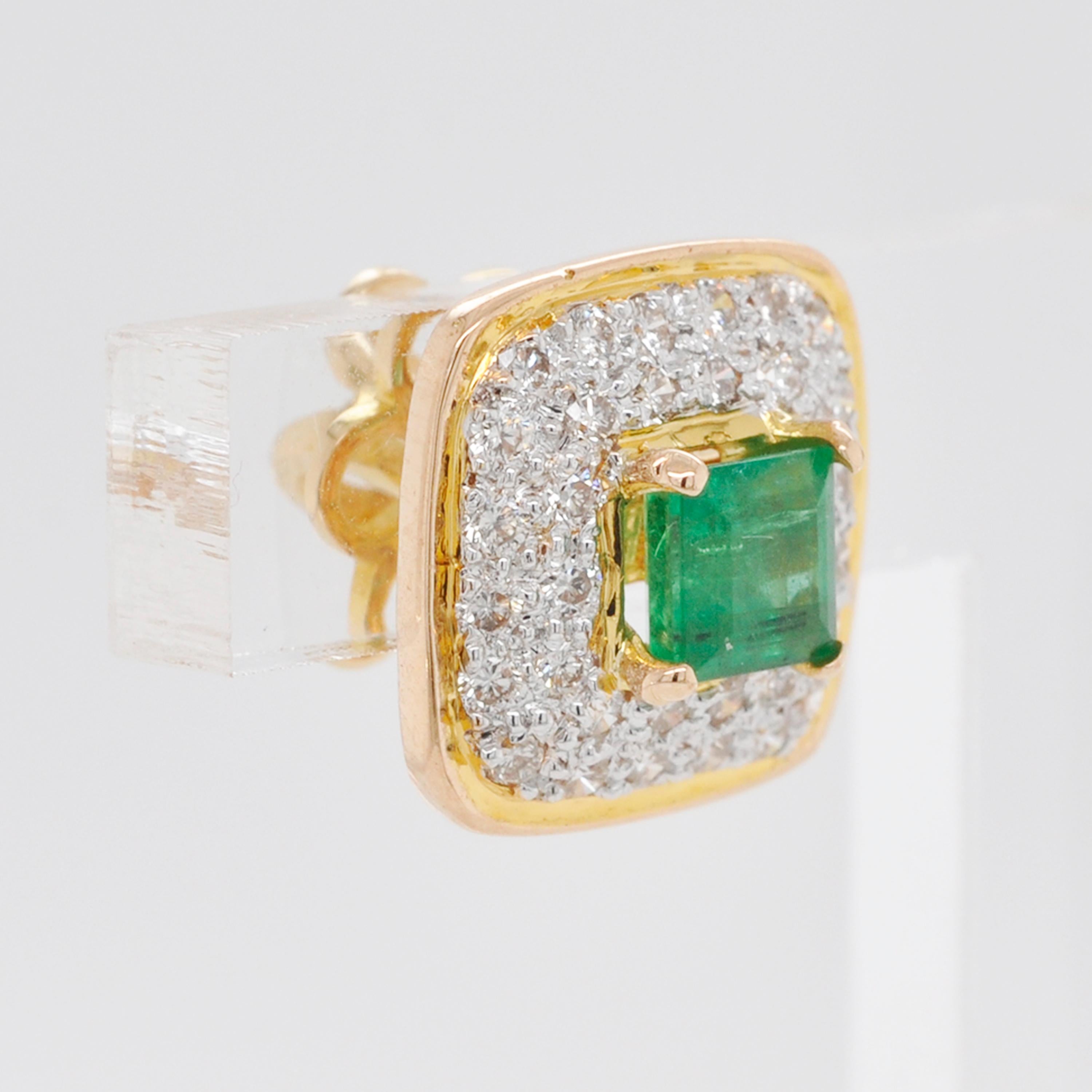 Women's Zambian Emerald Diamond 18 Karat Gold Stud Earrings For Sale