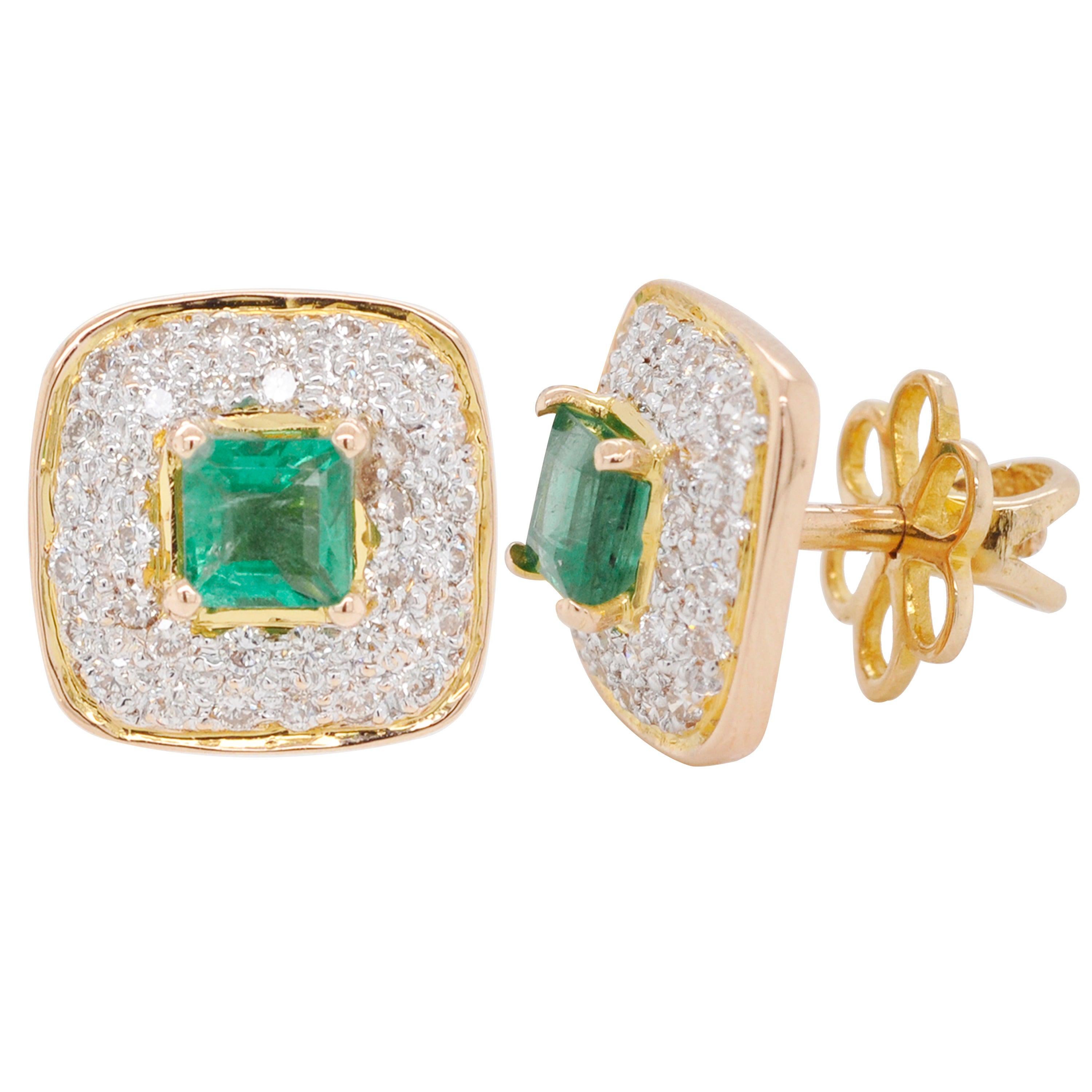 Zambian Emerald Diamond 18 Karat Gold Stud Earrings For Sale