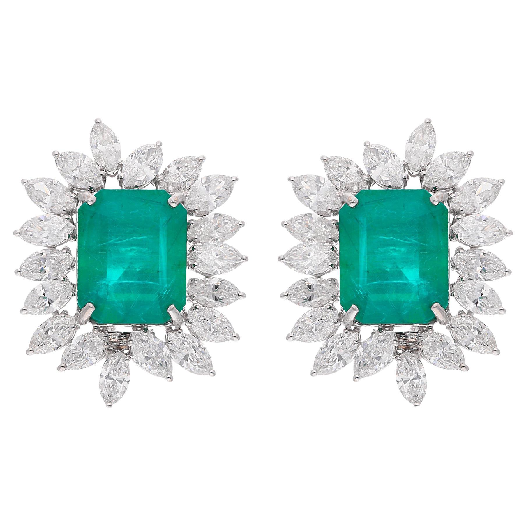 Zambian Emerald Diamond Clip On Stud Earrings 18 Karat White Gold Fine Jewelry
