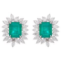 Zambian Emerald Diamond Clip On Stud Earrings 18 Karat White Gold Fine Jewelry