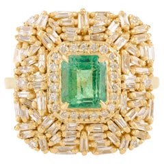 Zambian Emerald & Diamond Cluster Cocktail Ring in Handmade 14k Yellow Gold