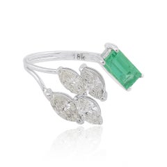 Zambian Emerald Diamond Cluster Cuff Ring 18 Karat White Gold Fine Jewelry