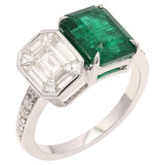 Zambian Emerald & Diamond Cocktail Ring Made In 18k  White Gold