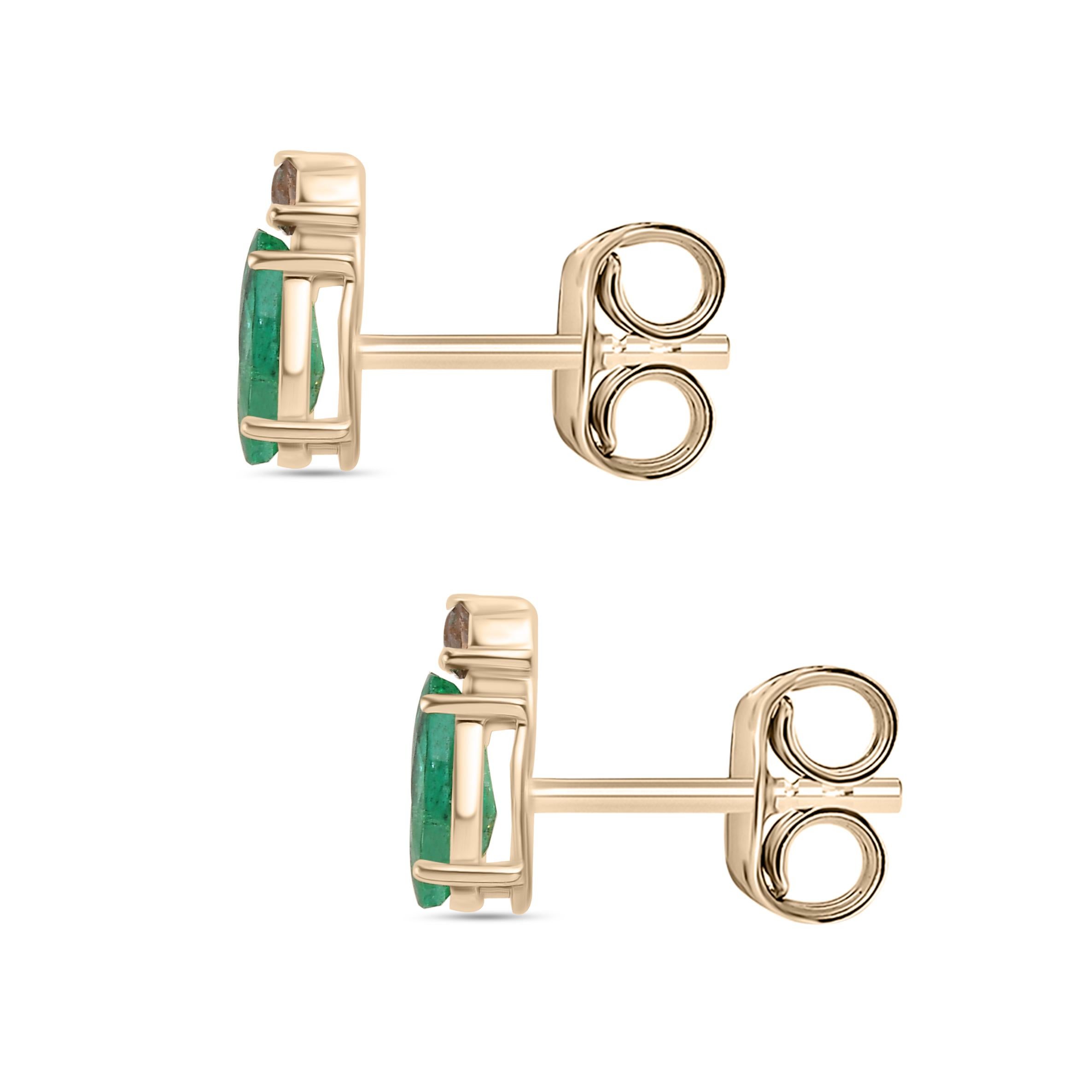 Modernist Zambian Emerald Diamond Dainty Stud Earrings in 14k Solid Yellow Gold For Sale