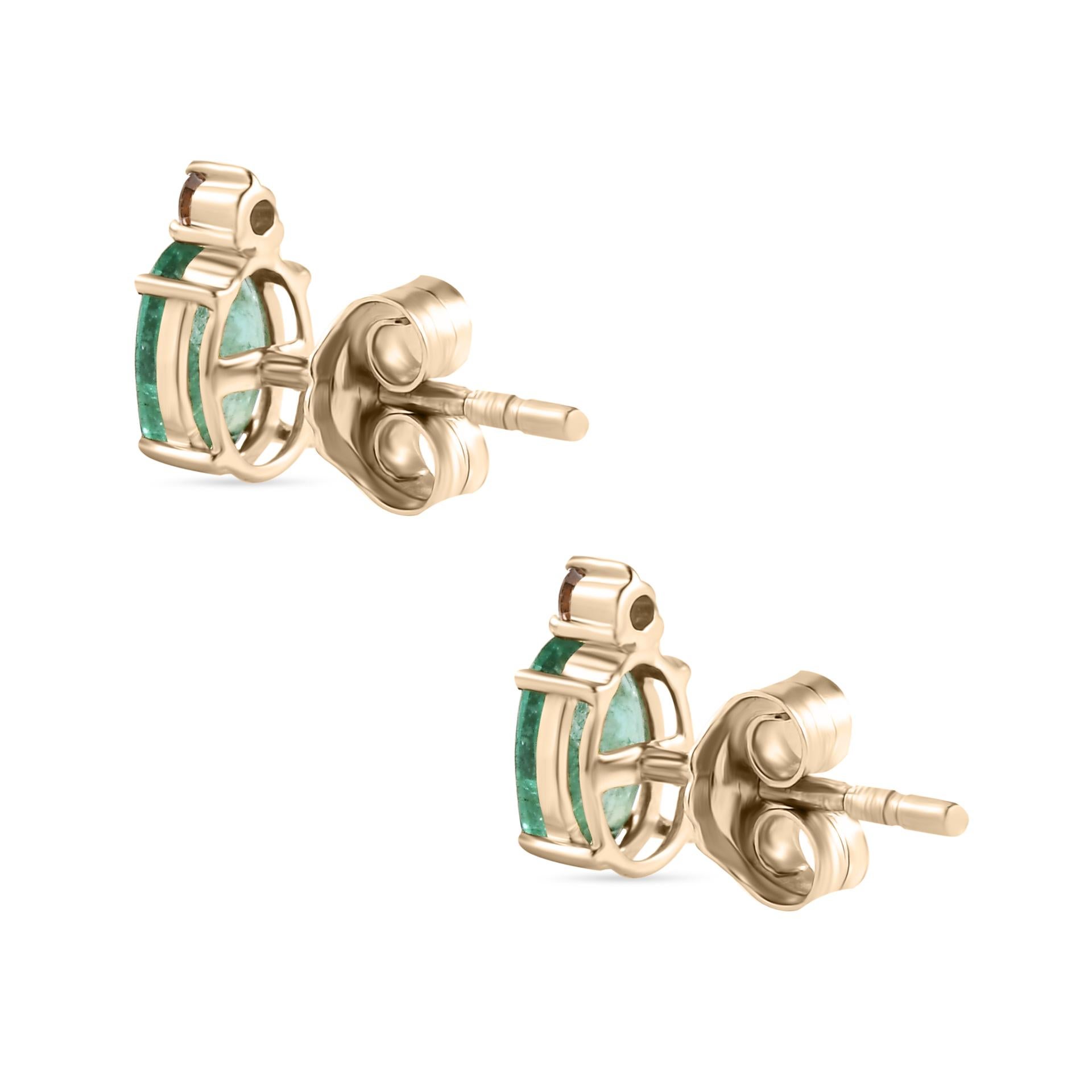 Zambian Emerald Diamond Dainty Stud Earrings in 14k Solid Yellow Gold In New Condition For Sale In New York, NY