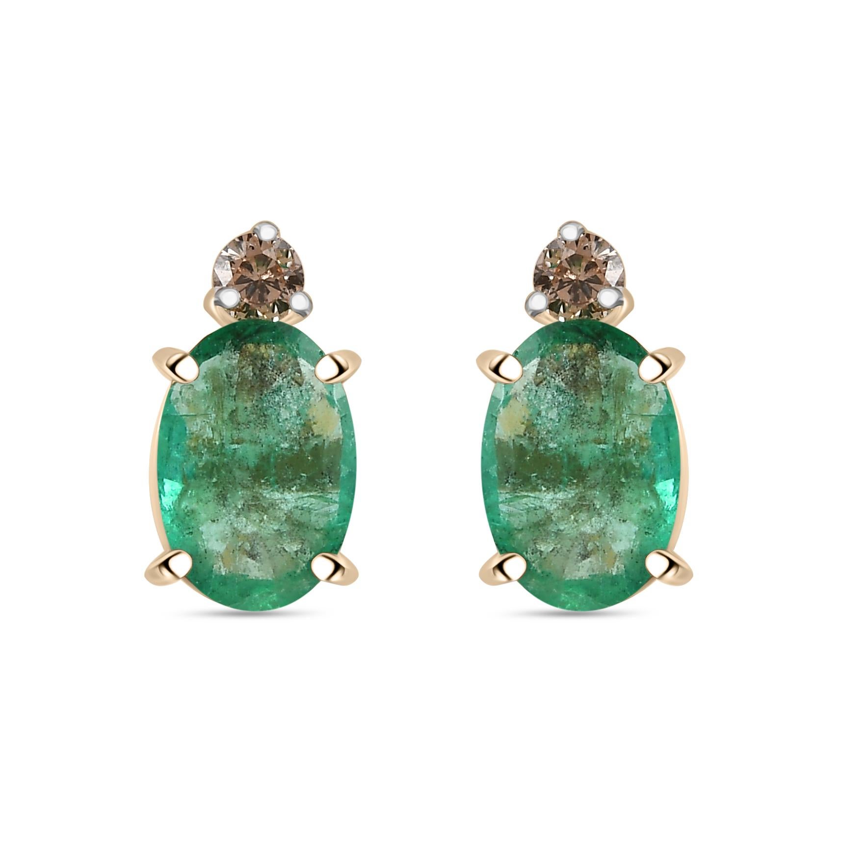 Zambian Emerald Diamond Dainty Stud Earrings in 14k Solid Yellow Gold For Sale 3