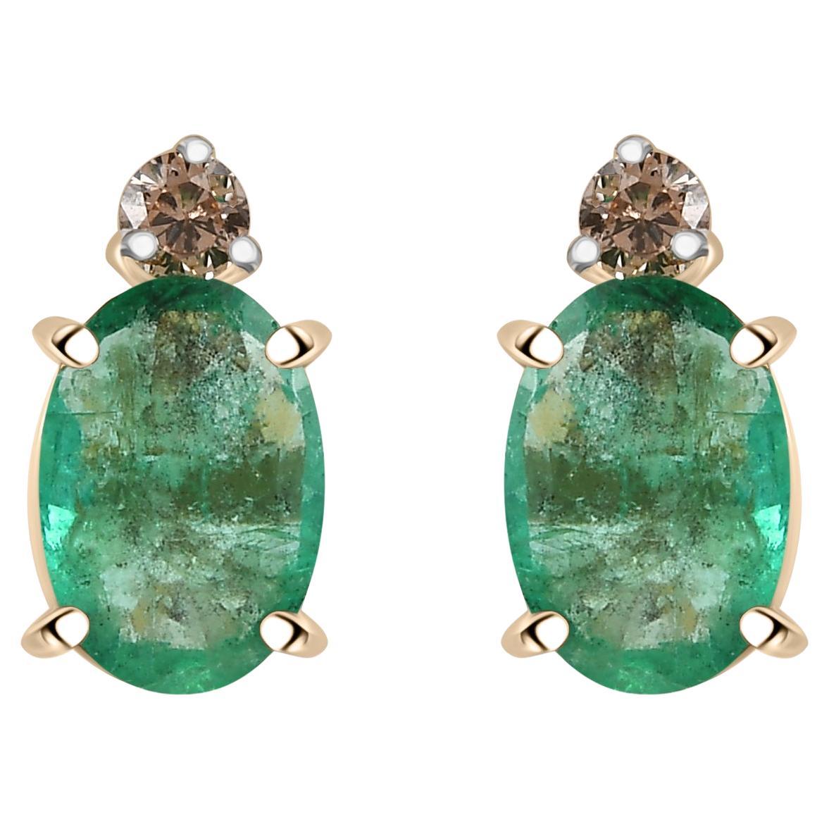 Zambian Emerald Diamond Dainty Stud Earrings in 14k Solid Yellow Gold