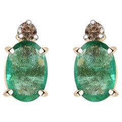Zambian Emerald Diamond Dainty Stud Earrings in 14k Solid Yellow Gold