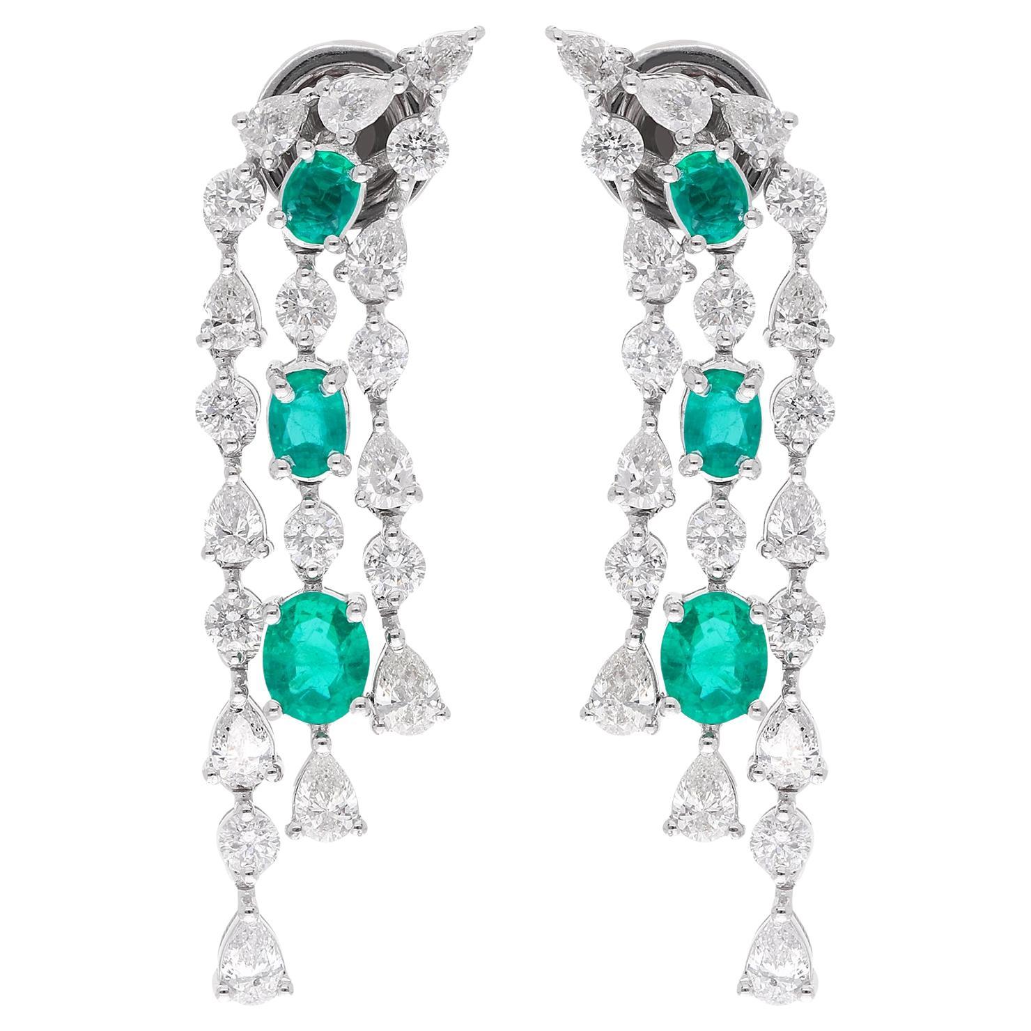 Zambian Emerald Diamond Dangle Chandelier Earrings 14 Karat White Gold Jewelry