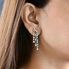 18K White Gold 3.54 Ctw Zambian Emerald & Diamond Dangle Chandelier Earrings