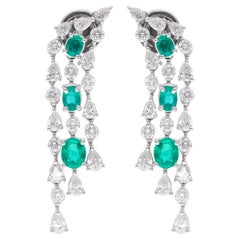 18K White Gold 3.54 Ctw Zambian Emerald & Diamond Dangle Chandelier Earrings