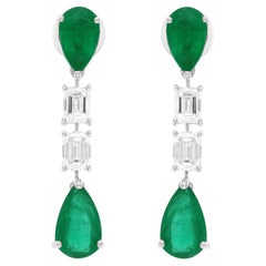 Zambian Emerald Diamond Dangle Drop Earrings 14 Karat White Gold Jewelry