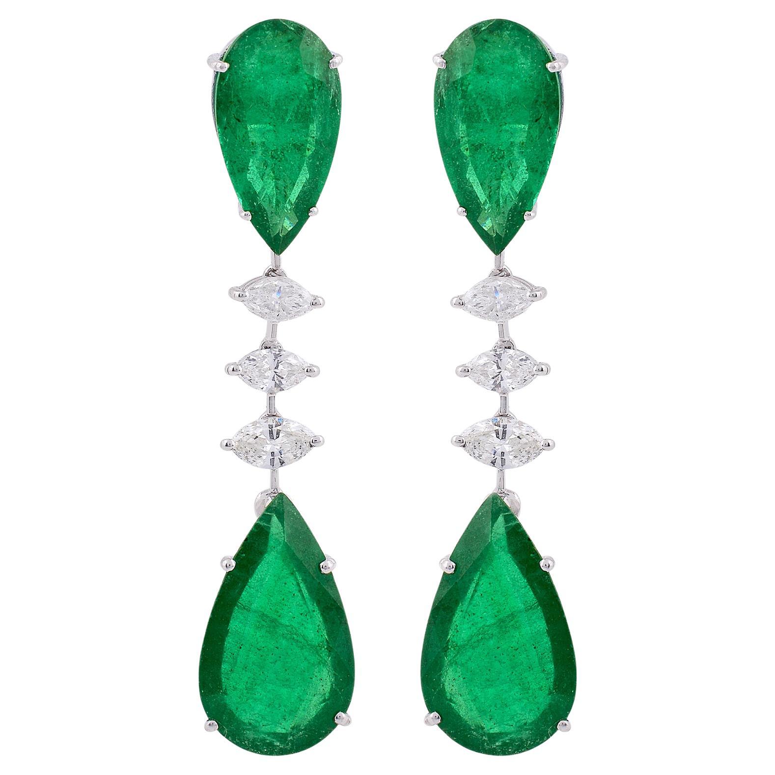Zambian Emerald Diamond Dangle Drop Earrings 18 Karat White Gold Fine Jewelry