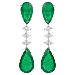 Zambian Emerald Diamond Dangle Drop Earrings 18 Karat White Gold Fine Jewelry