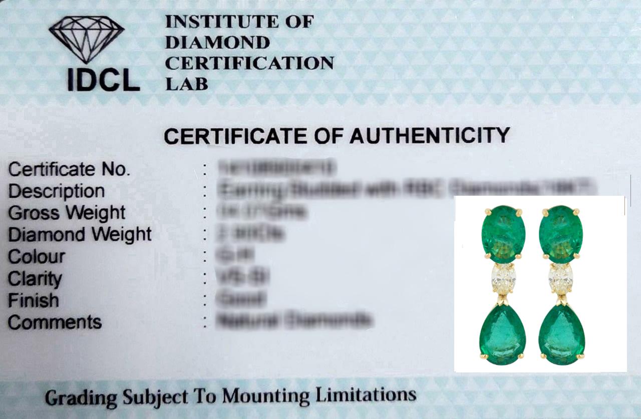 Natural Zambian Emerald Diamond Dangle Earrings 18 Karat Yellow Gold Jewelry For Sale 1