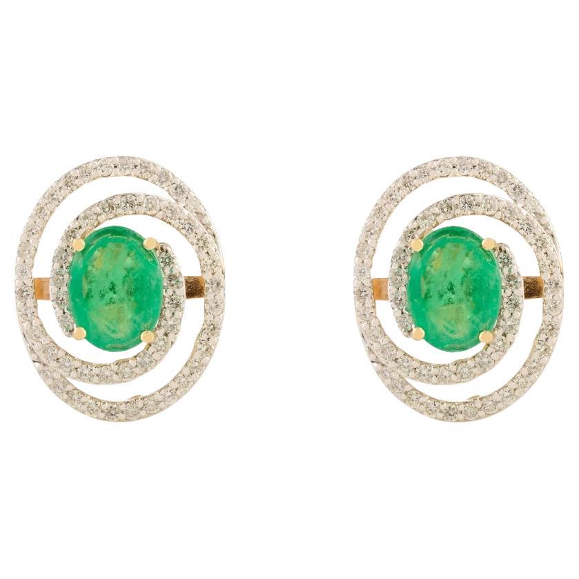 Zambian Emerald & Diamond Double Halo Statement Stud Earrings in 18K Yellow Gold