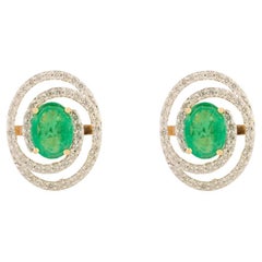 Zambian Emerald & Diamond Double Halo Statement Stud Earrings in 18K Yellow Gold