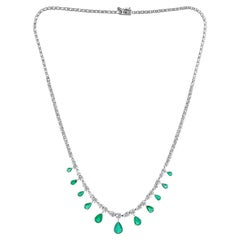 Zambian Emerald Diamond Drop Necklace 18K White Gold Handmade Fine Jewelry