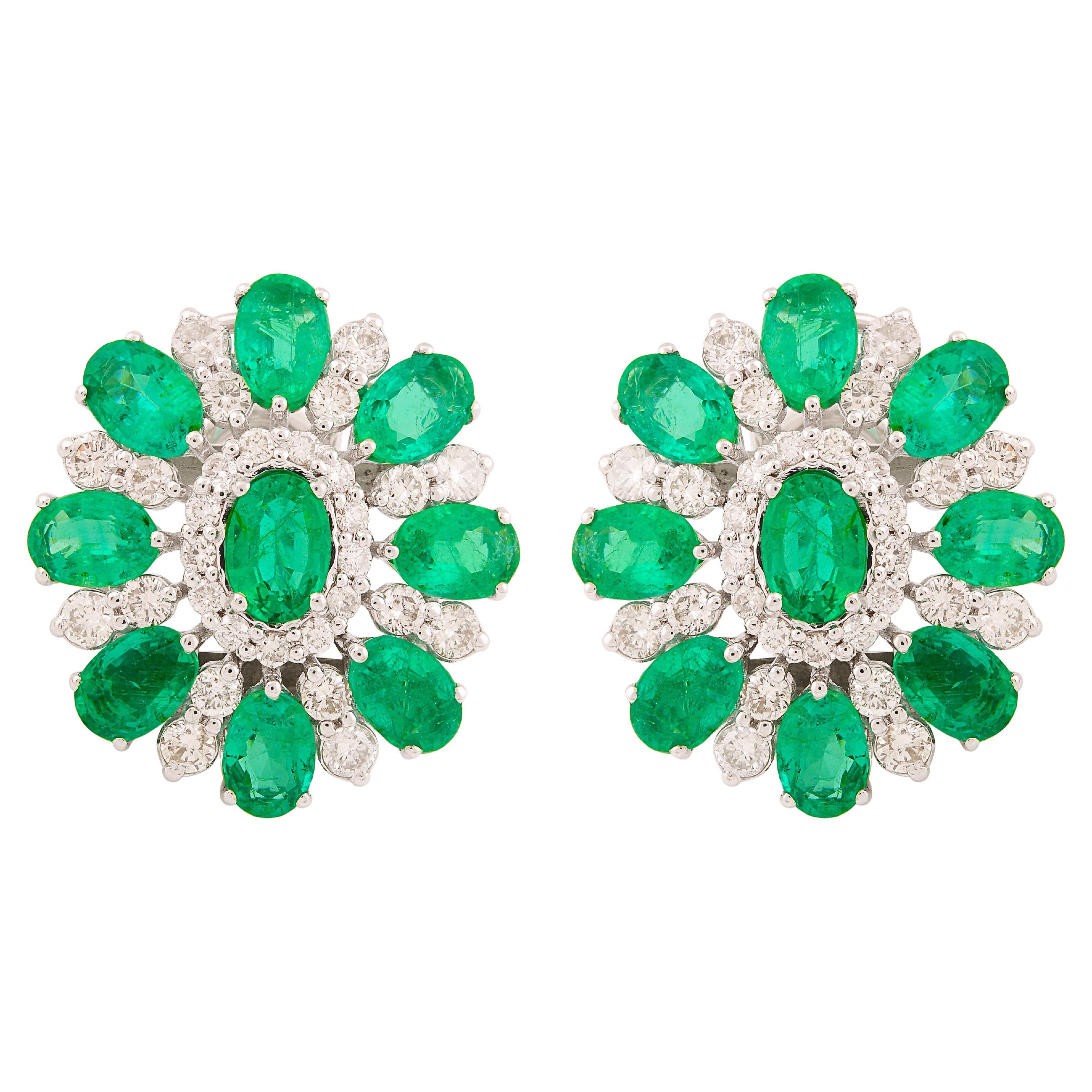 Natural Emerald Diamond Flower Stud Earrings 18 Karat White Gold Fine Jewelry For Sale