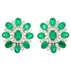 Natural Emerald Diamond Flower Stud Earrings 18 Karat White Gold Fine Jewelry
