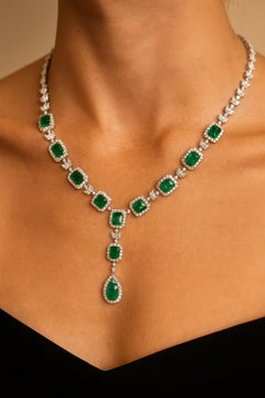 Zambian Emerald Diamond Halo 18 Karat White Gold Drop Necklace Handmade Jewelry