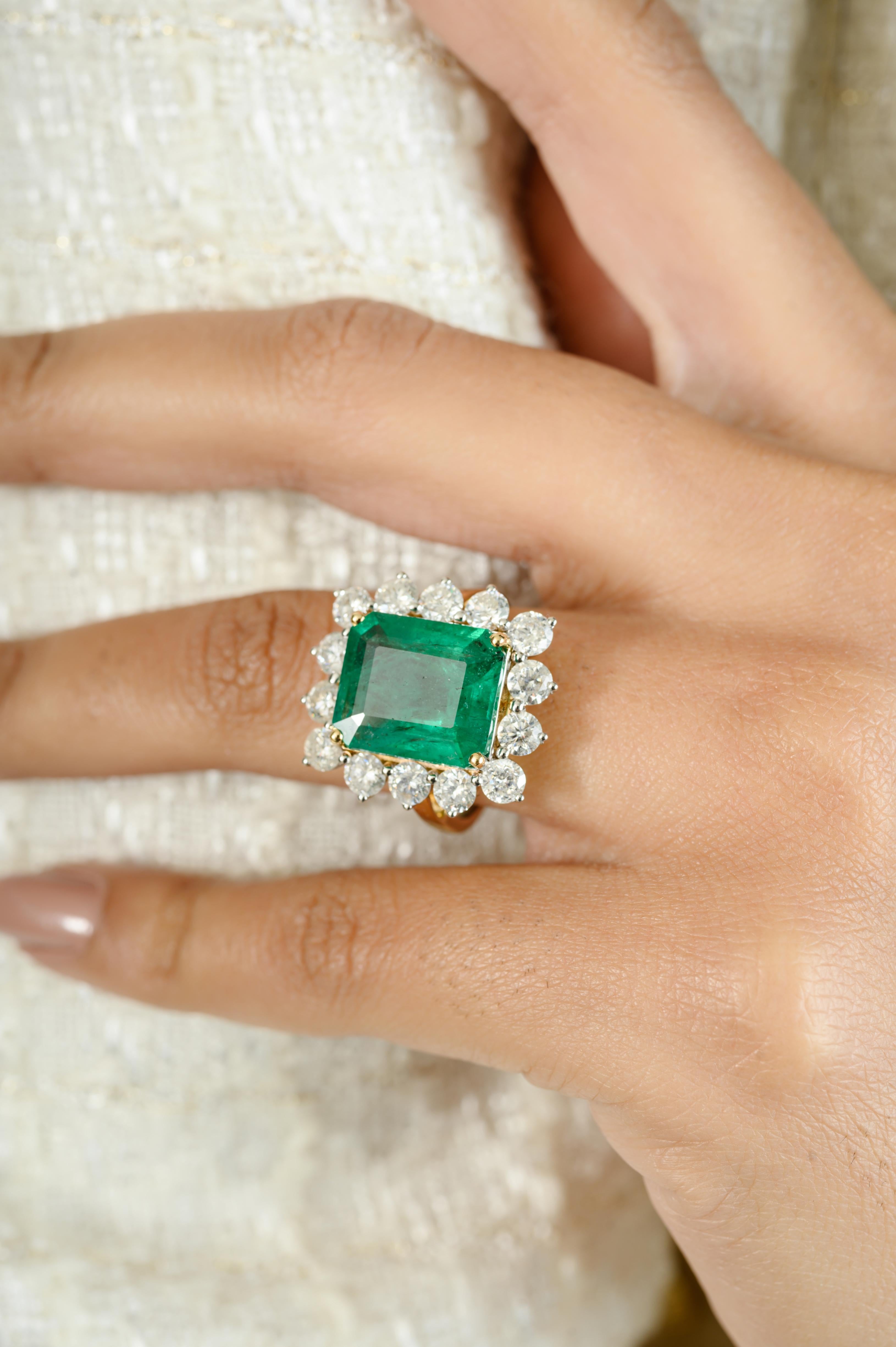 For Sale:  Zambian Emerald Diamond Halo Cocktail Ring for Wedding in 18k Yellow Gold 4
