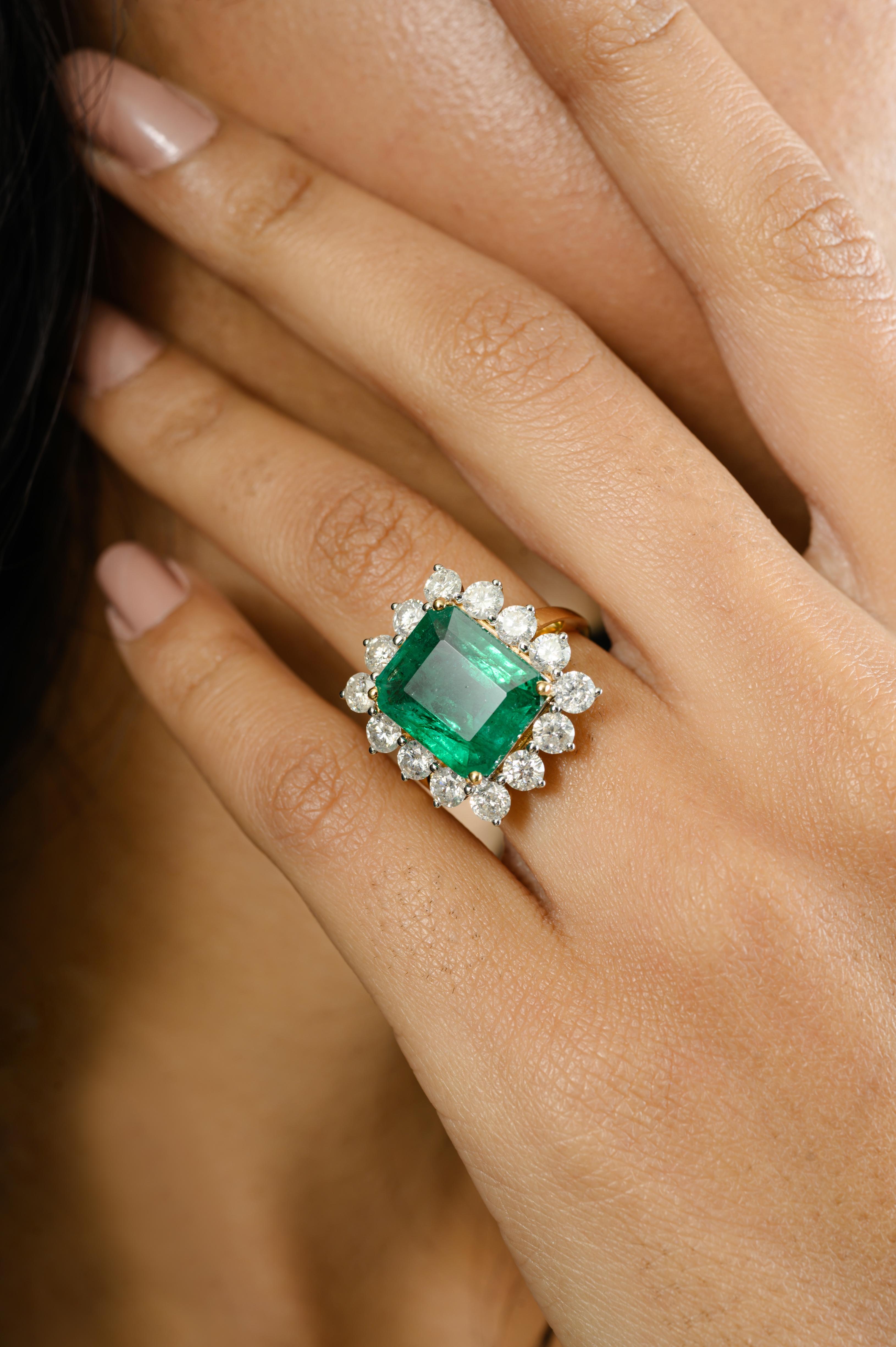 For Sale:  Zambian Emerald Diamond Halo Cocktail Ring for Wedding in 18k Yellow Gold 6