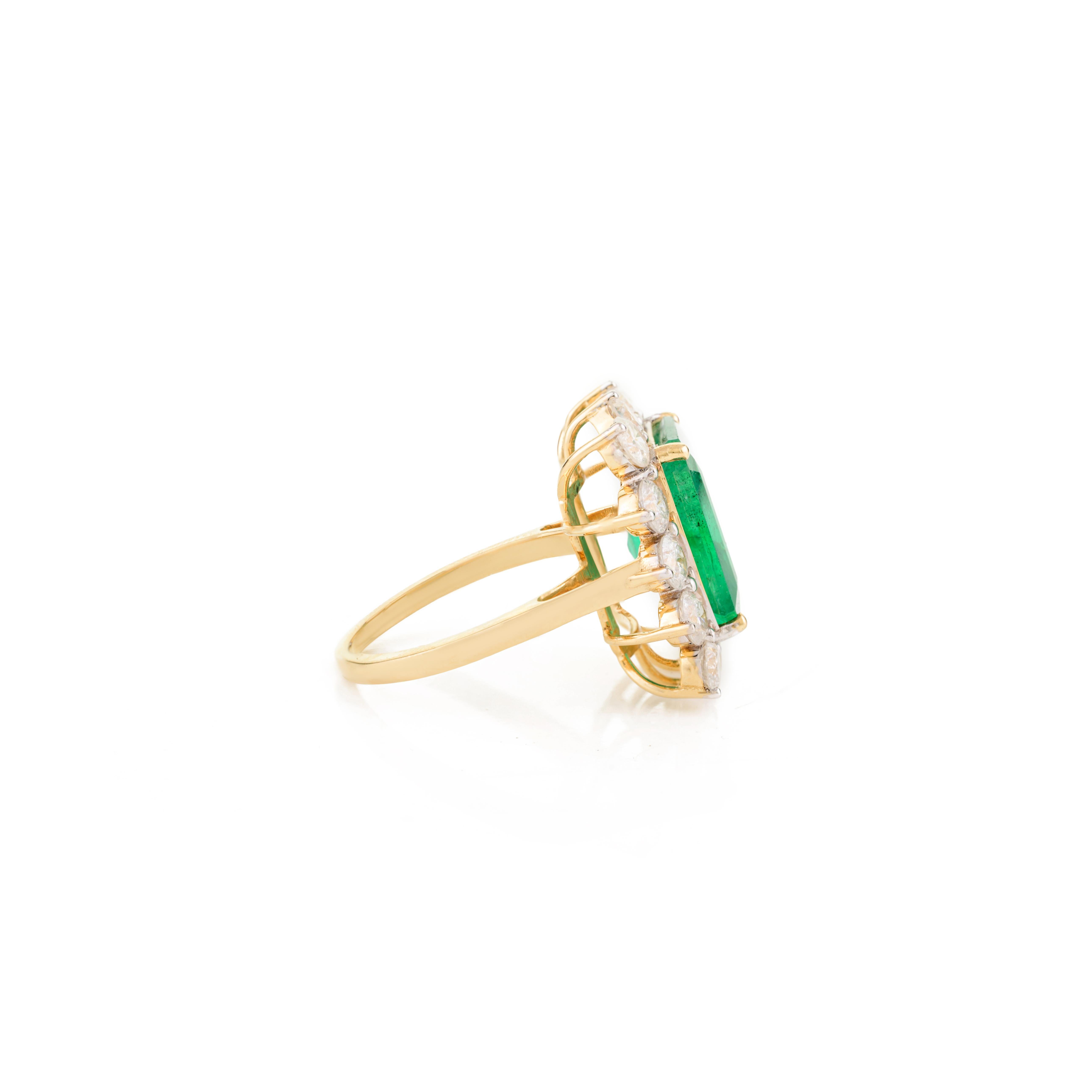 For Sale:  Zambian Emerald Diamond Halo Cocktail Ring for Wedding in 18k Yellow Gold 7