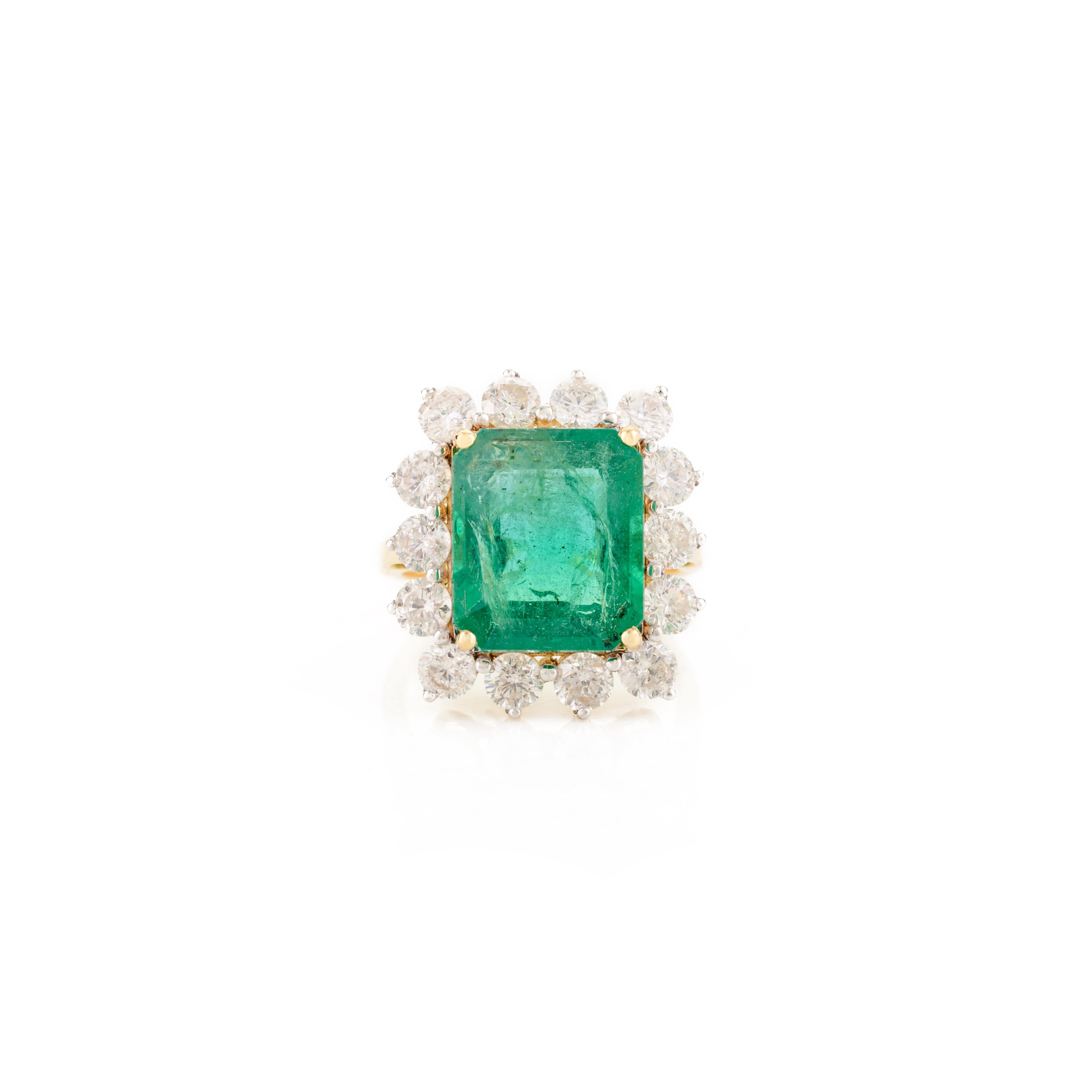 For Sale:  Zambian Emerald Diamond Halo Cocktail Ring for Wedding in 18k Yellow Gold 8