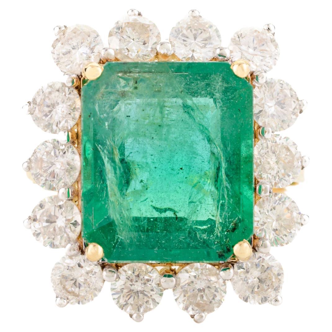 Zambian Emerald Diamond Halo Cocktail Ring for Wedding in 18k Yellow Gold
