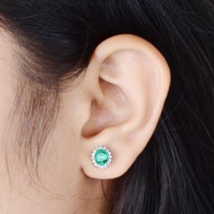Zambian Emerald Diamond Halo Oval Shape Stud Earrings 14 Karat White Gold
