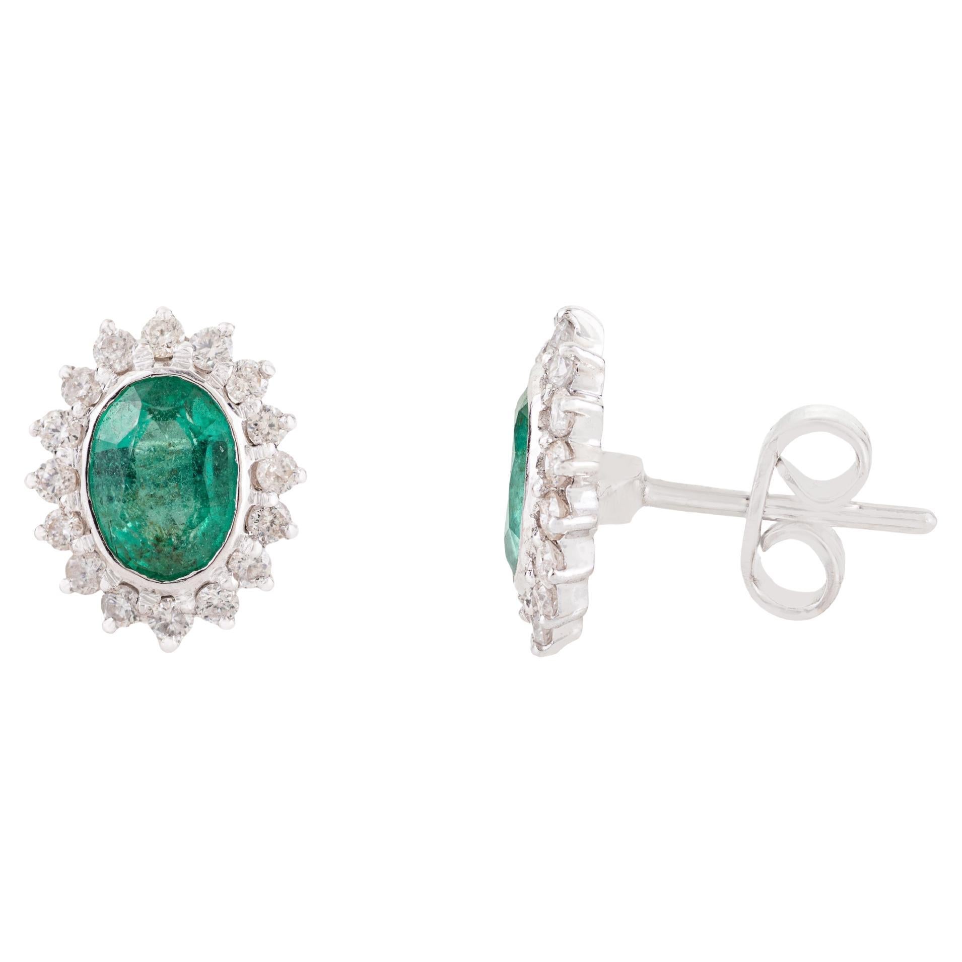 Zambian Emerald Diamond Halo Stud Earrings in 14K White Gold 1.41ct Gift for Mom