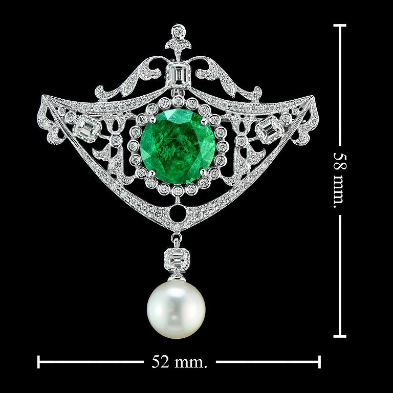 Zambian Emerald Diamond Pearl Pendant Brooch 3