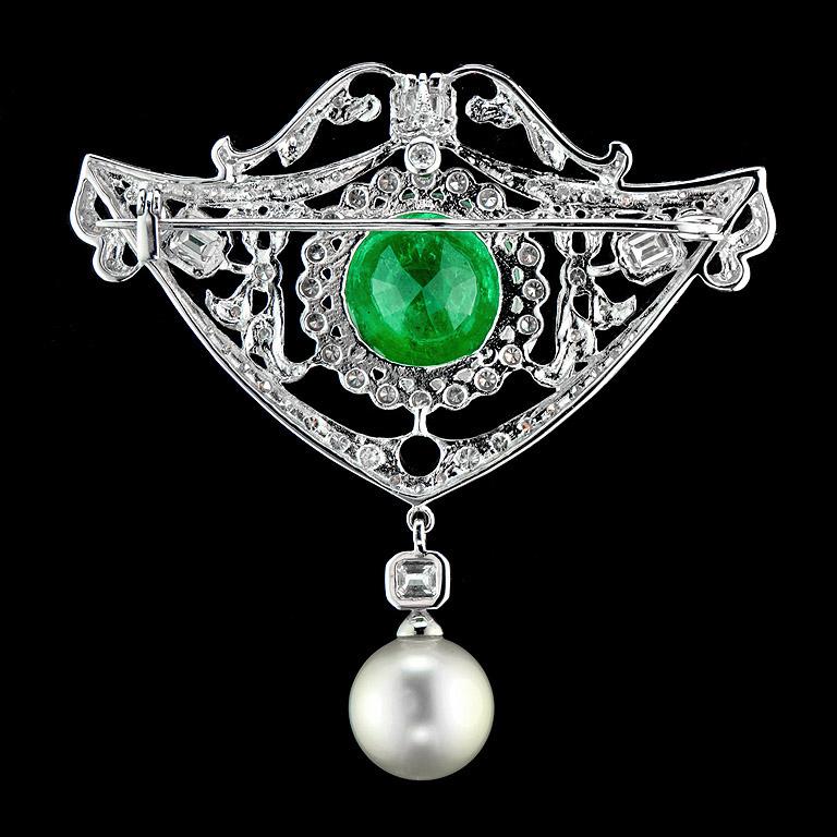 Round Cut Zambian Emerald Diamond Pearl Pendant Brooch