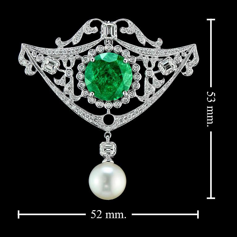 Zambian Emerald Diamond Pearl Pendant Brooch In New Condition In Bangkok, TH