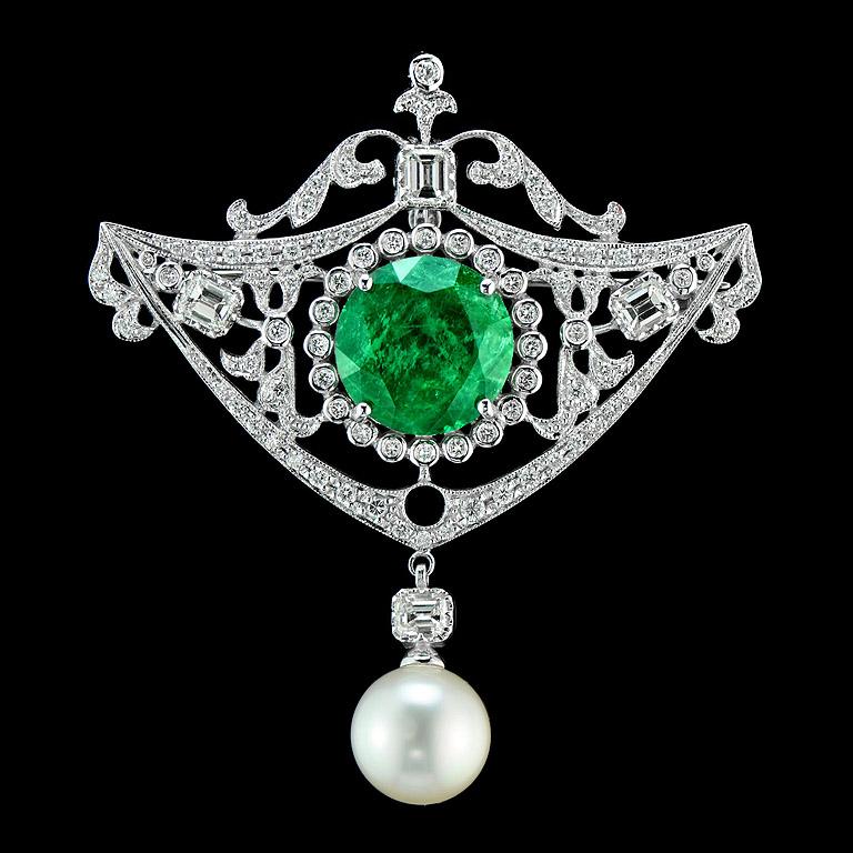 Women's Zambian Emerald Diamond Pearl Pendant Brooch