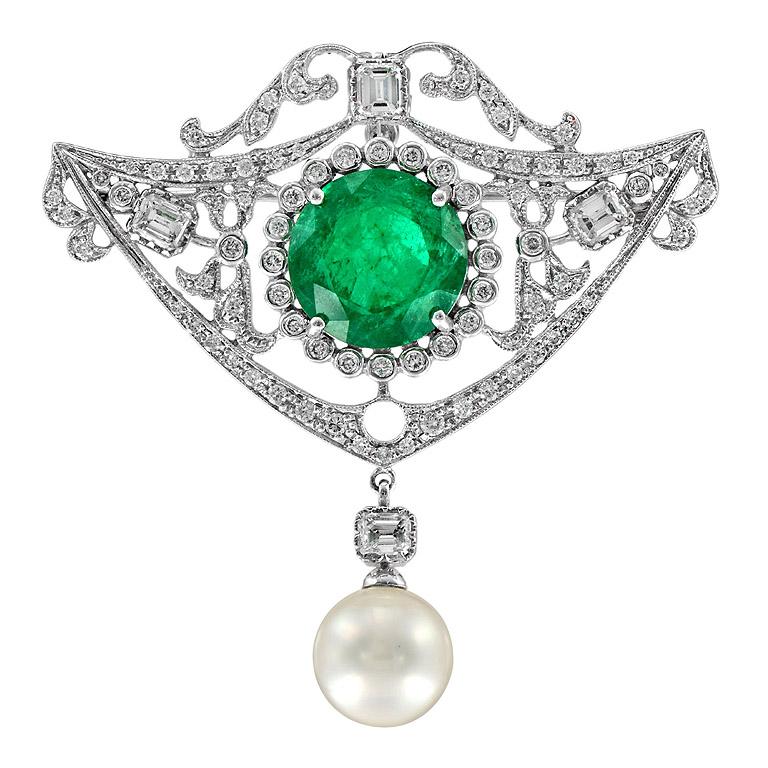 Zambian Emerald Diamond Pearl Pendant Brooch